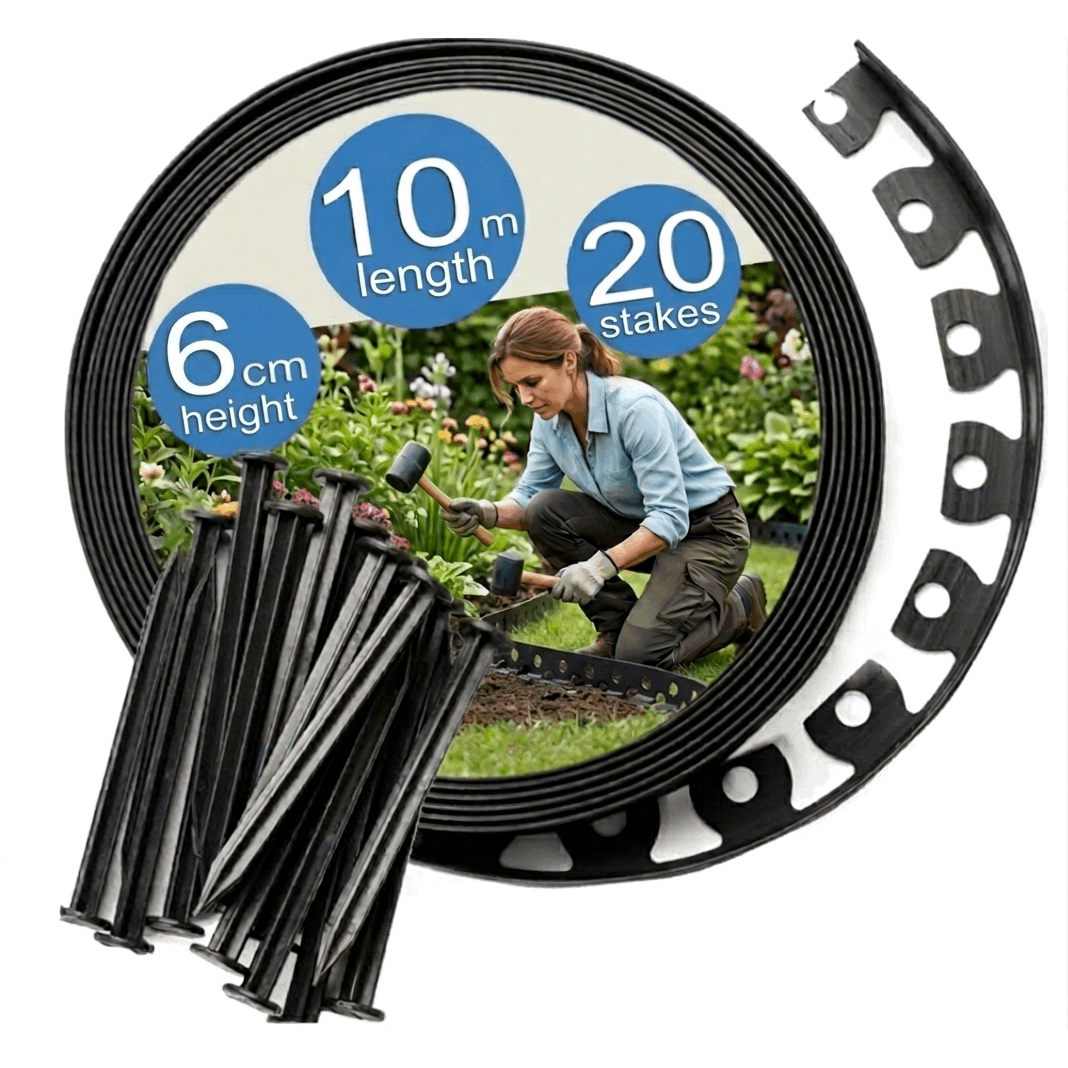 Lawn Edging, Flexible Garden Edging, 6 Cm High, 10 Meters Long, Set Of Plastic Lawn Edgings With Anchoring Nails, Anchors, Black Color, Garden Edging, L-shaped Garden Barrier 6 X 5 Cm, Easy Assembly.