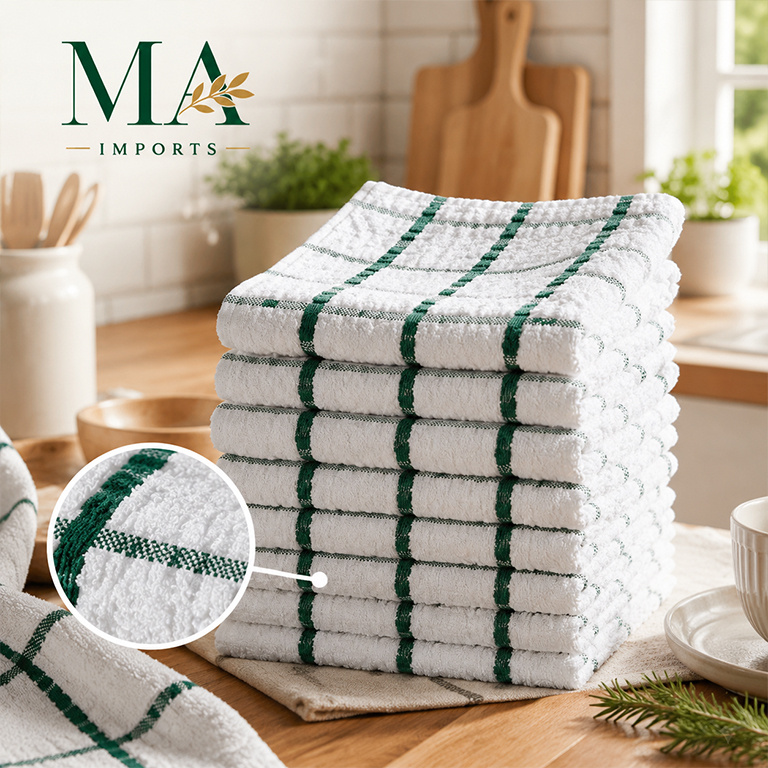 TEMU 12 Pack White Kitchen Towels With Green Checkered Stripe Patterns Set 65x40cm, Cotton Absorbent Terry Tea Towels, And Checkered Dish Cloths,