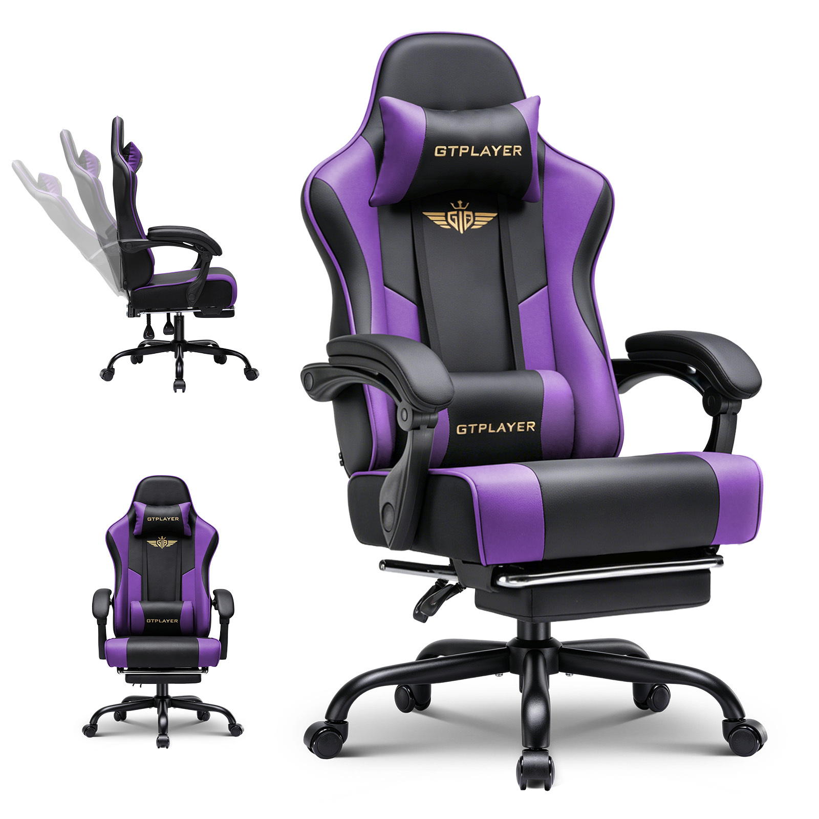 Luckracer Gaming Chair - Ergonomic Gamer Chair With Footrest, Headrest, And Lumbar Support, Height-adjustable, Padded Gaming Chair, 180 Kg, Black