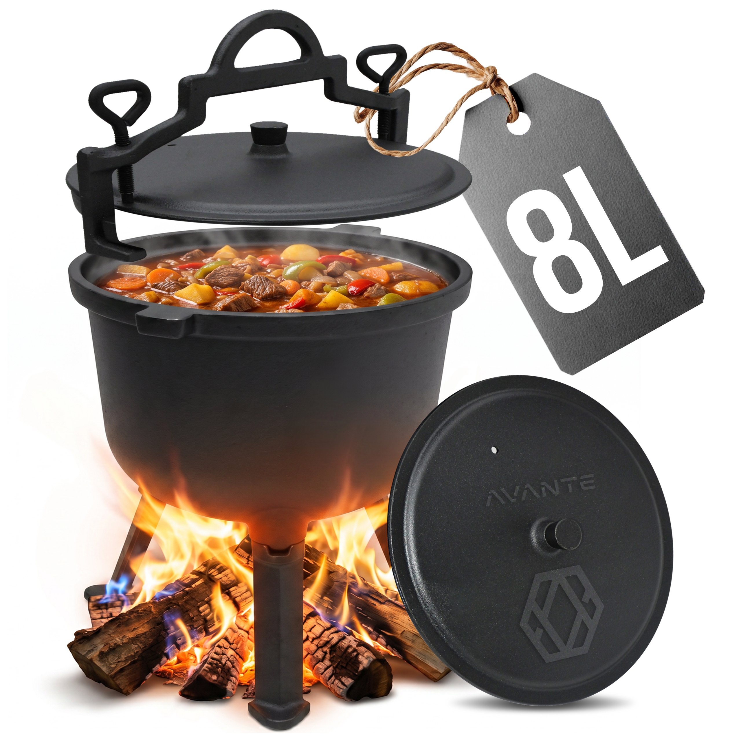 Image of Cast-iron Pot With A Capacity Of 8 , Ideal For Cooking Over A Campfire And Grill, Heat Distribution, Solid Construction, Lid And Handle Included, Perfect For , Soups, And One-pot Dishes.