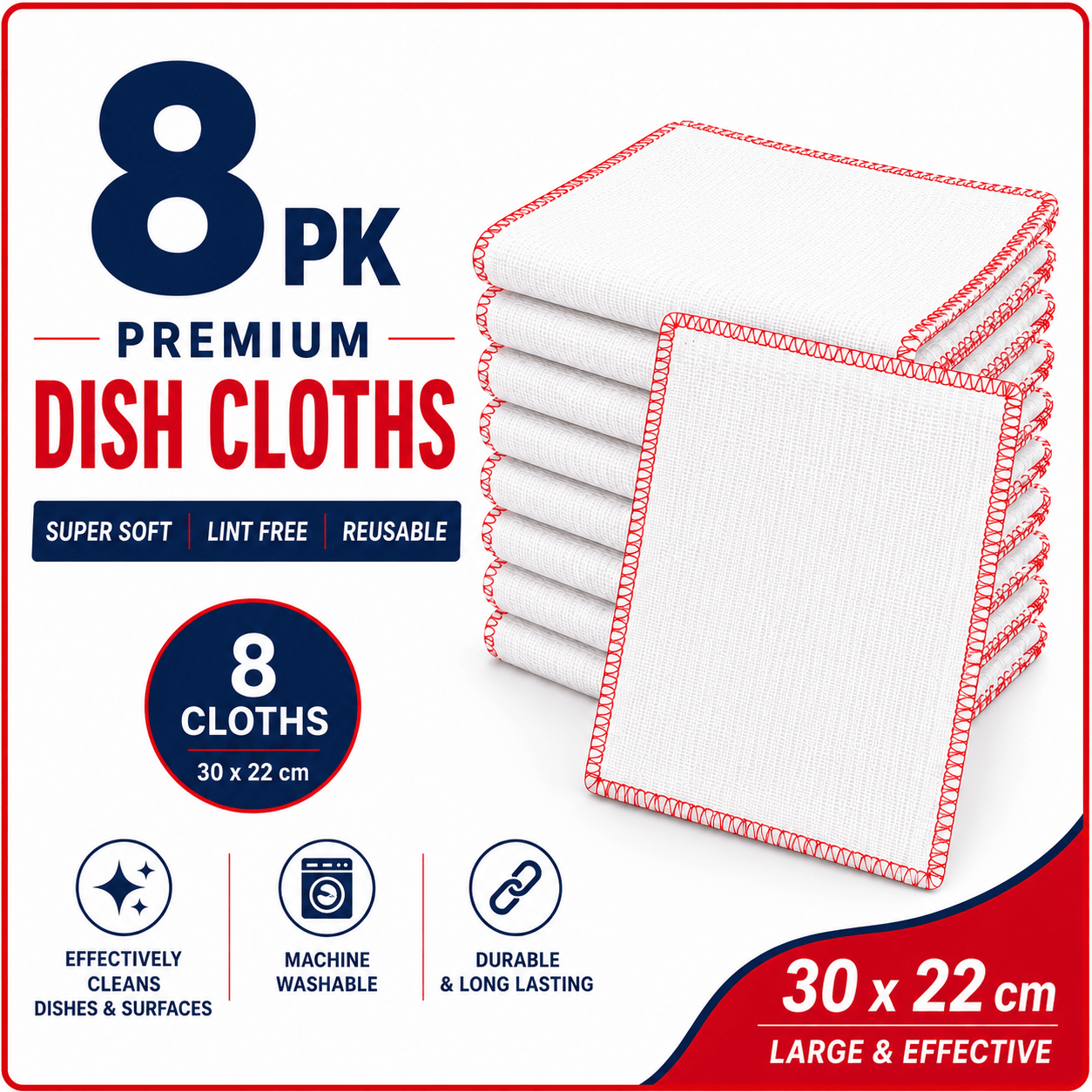 TEMU Dish Cloths 8pk | 300 X 220mm Dish Cloth Set For Everyday Washing Up And Kitchen Cleaning | Soft Reusable Cleaning Cloths 14g Each | Practical