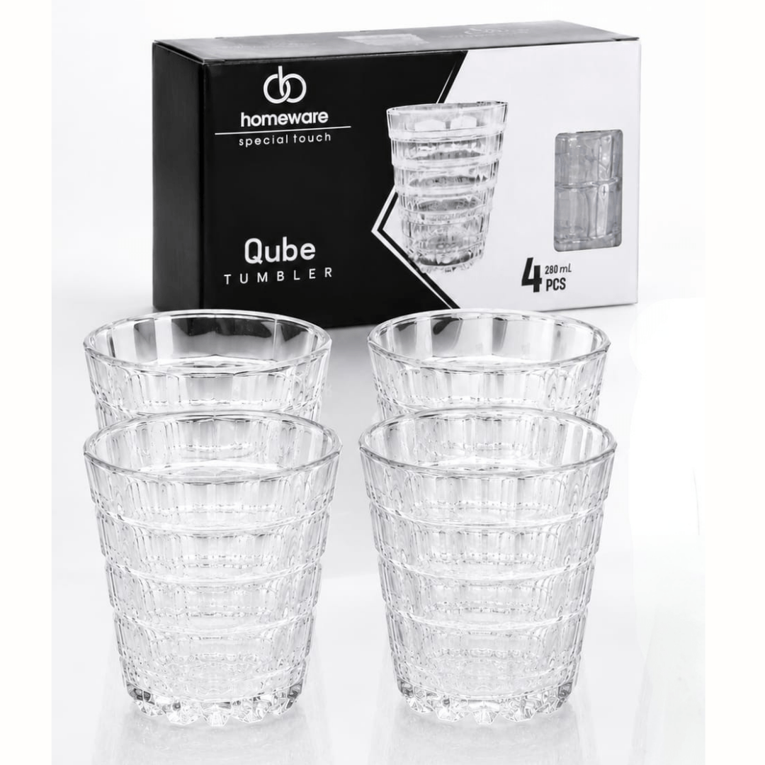 TEMU OB Homeware Qube Tumbler Set 4 Bicchieri in Vetro da 280 ml �� Design Moderno con Lavorazione , Ideali per Acqua, Cocktail e Whisky