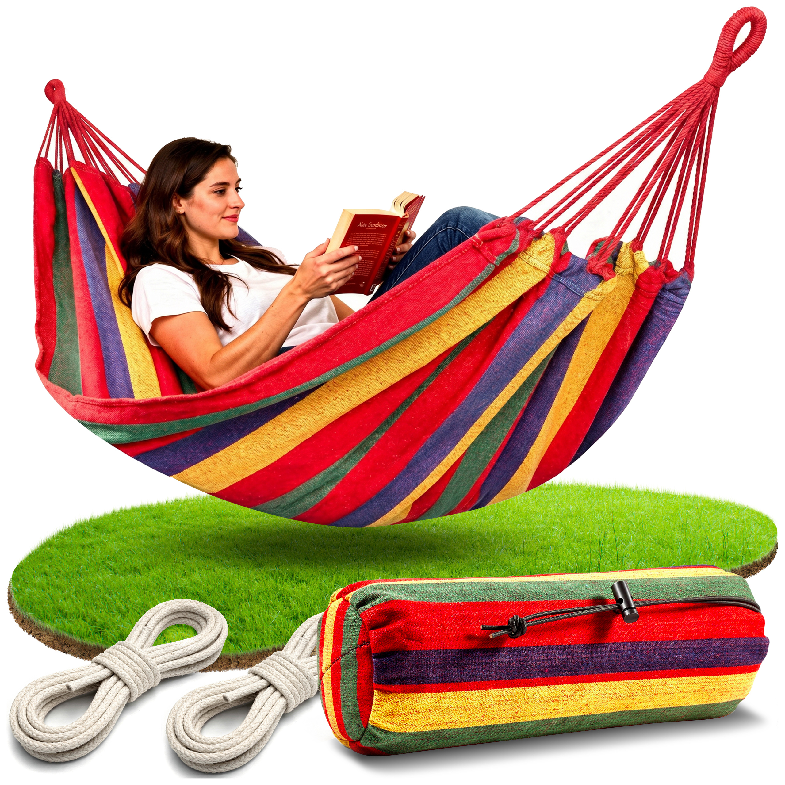 TEMU GARDEN Hamac Suspendu Robuste 180x80cm + Housse. Hamac Léger de Camping et d'Extérieur à Rayures Colorées. Lit Suspendu Durable en Coton Naturel