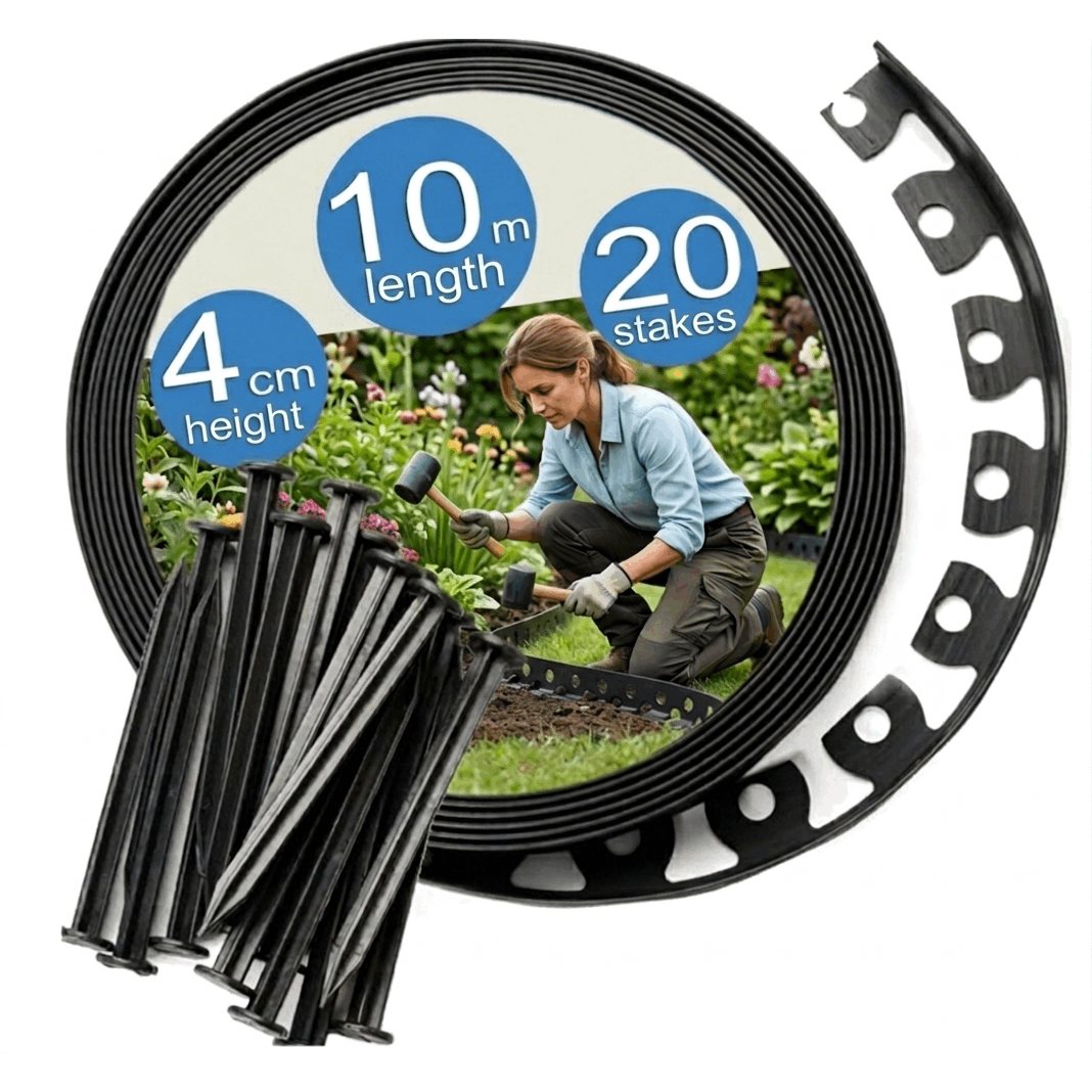 Image of Lawn Edging, Flexible Garden Edging, 4 Cm High, 10 Meters Long, Set Of Plastic Lawn Edgings With Anchor Nails, Anchors, Black Color, Garden Edging, L-shaped Garden Barrier 4 X 5 Cm, Easy Assembly.