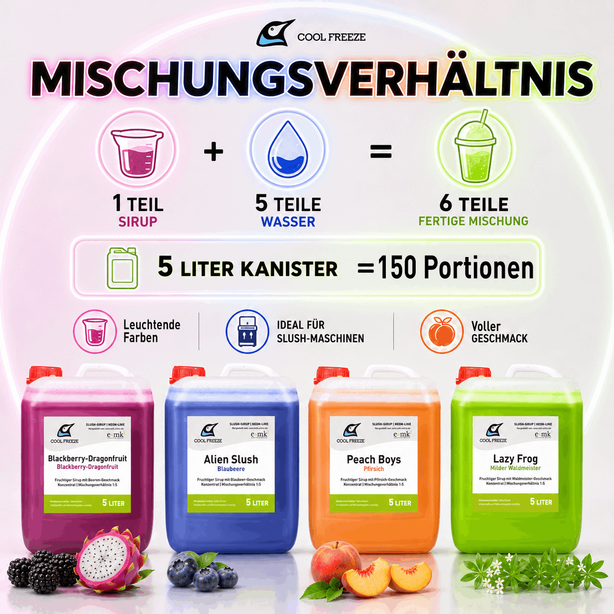 Image of Slush Syrup Ice 4×5 L Set | Blackberry Dragonfruit, Peach, Blueberry, Woodruff | 20 L | Glycerin-free