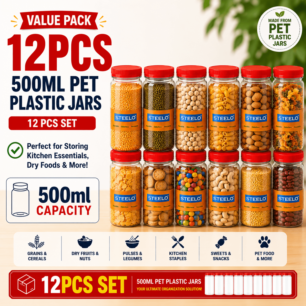 TEMU Stl 12pcs Pet Plastic Jars 500ml With Screw- Lids - Heavy-duty Storage Containers Suitable For Home, Pantry, Kitchen, Bulk , Spices, Beans,