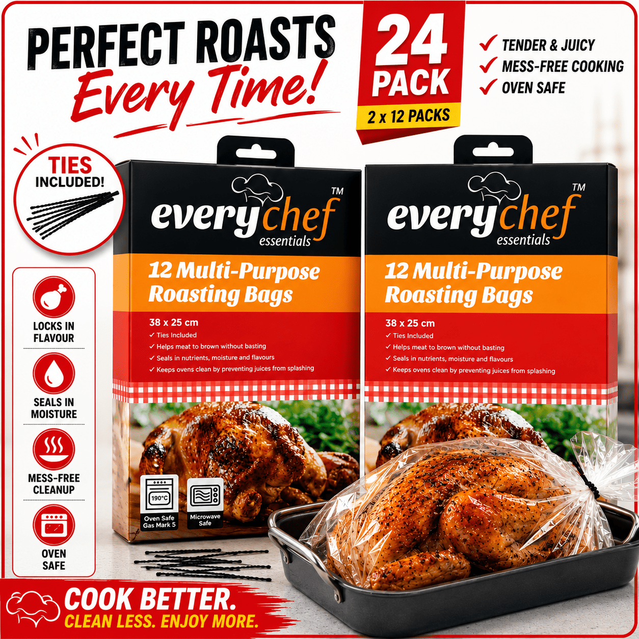 TEMU 24 Pack Roasting Bags For Oven With Ties | 38x25cm Oven-safe Cooking Bags For Chicken, Turkey, Meat & Fish | Disposable Mess-free Oven Roasting