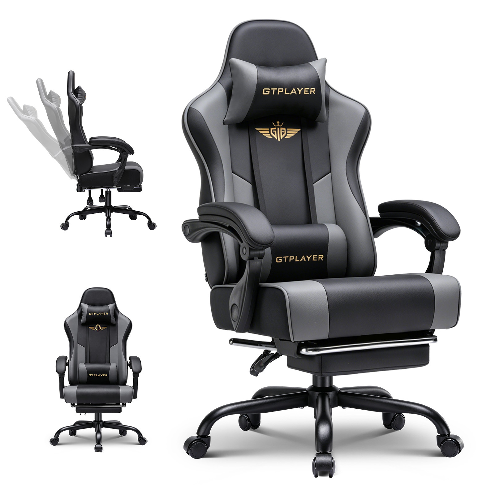 Image of Luckracer Gaming Chair - Ergonomic Gamer Chair With Footrest, Headrest, And Lumbar Support, Height-adjustable, Padded Gaming Chair, 180 Kg, Black