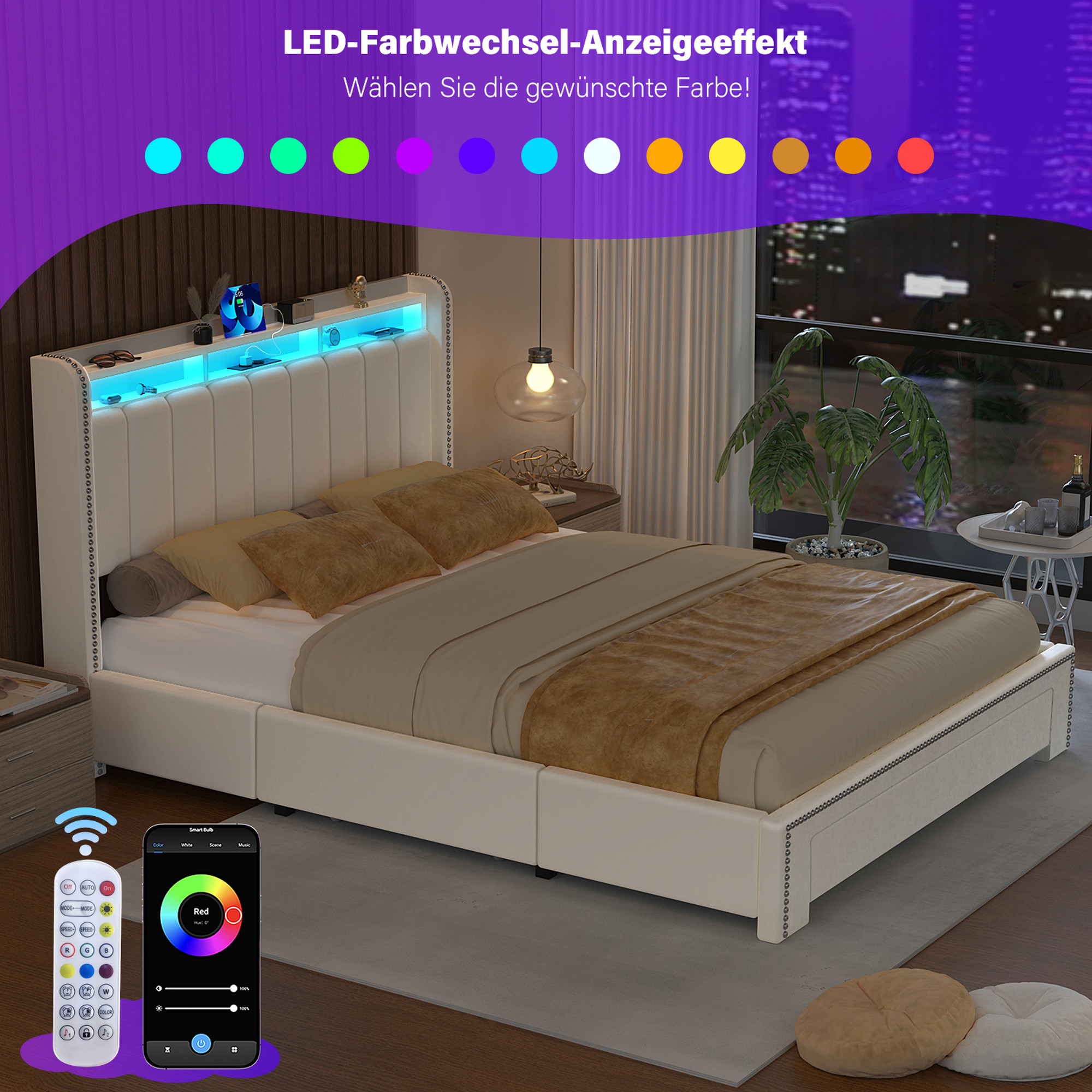 TEMU Cama tapizada 140x200 cm, cama con luces LED y 2 funciones de carga USB y CA, cama juvenil con somier de cajones de almacenamiento y base de