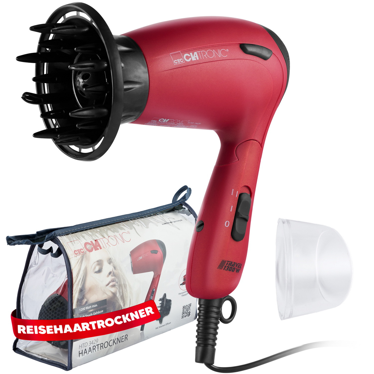 Image of Travel Hair Dryer With Folding Handle, Including Volume Diffuser And Styling Nozzle | Housing | Portable Hair Styler For A Comfortable Styling Experience On The Go