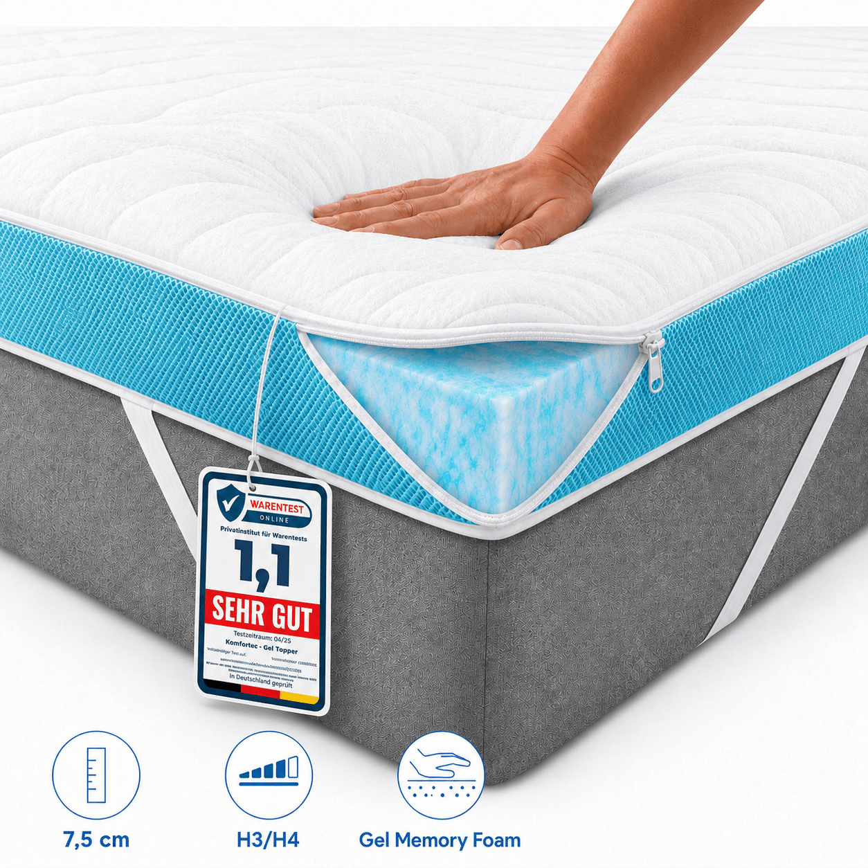 Image of Gel Mattress Topper - 7.5 Cm High H3/h4 90x200, 140x200, 160x200 And 180x200 Cm, Foam, Aloe Vera Cover, Pressure-, Breathable, Slip-resistant With Edge Rubber - Suitable For Box Spring