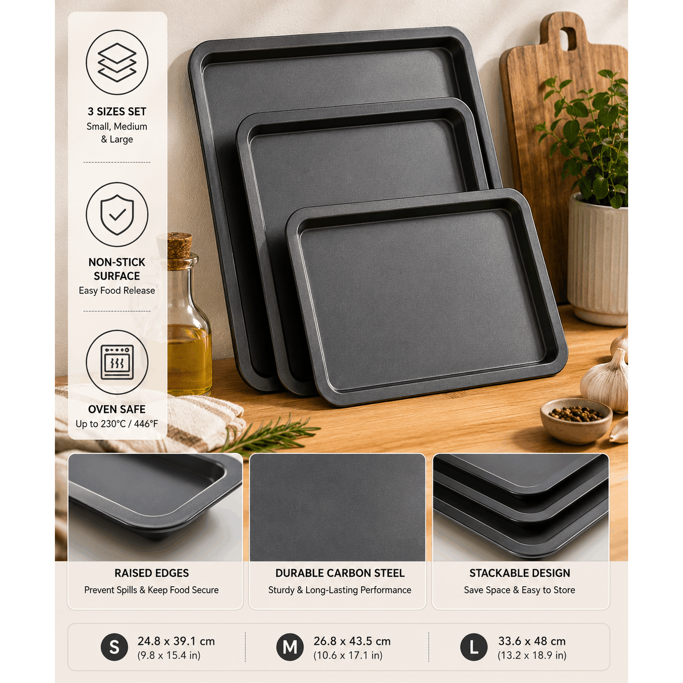 TEMU Lot de 3 Plaques de Cuisson en Acier Antiadhésif, Plaques de Four Empilables Multi-Formats pour Pâtisserie, Cuisson et Rôtissage