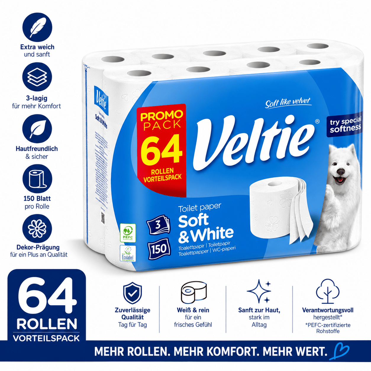 Image of Veltie Toilet Paper, 64 Rolls, 3-ply, 150 Sheets Per Roll (9,600 Sheets Total), White Toilet Tissue, Soft & Tear-resistant, Bulk Pack, 2 X 32 Rolls