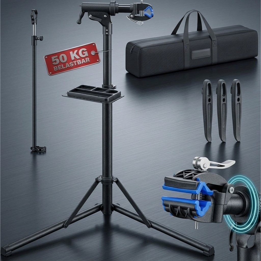 Professional 50 Kg Folding Bike Repair Stand With Tire Lever, Tool Tray, And Adjustable Height For E-bikes And Bicycles