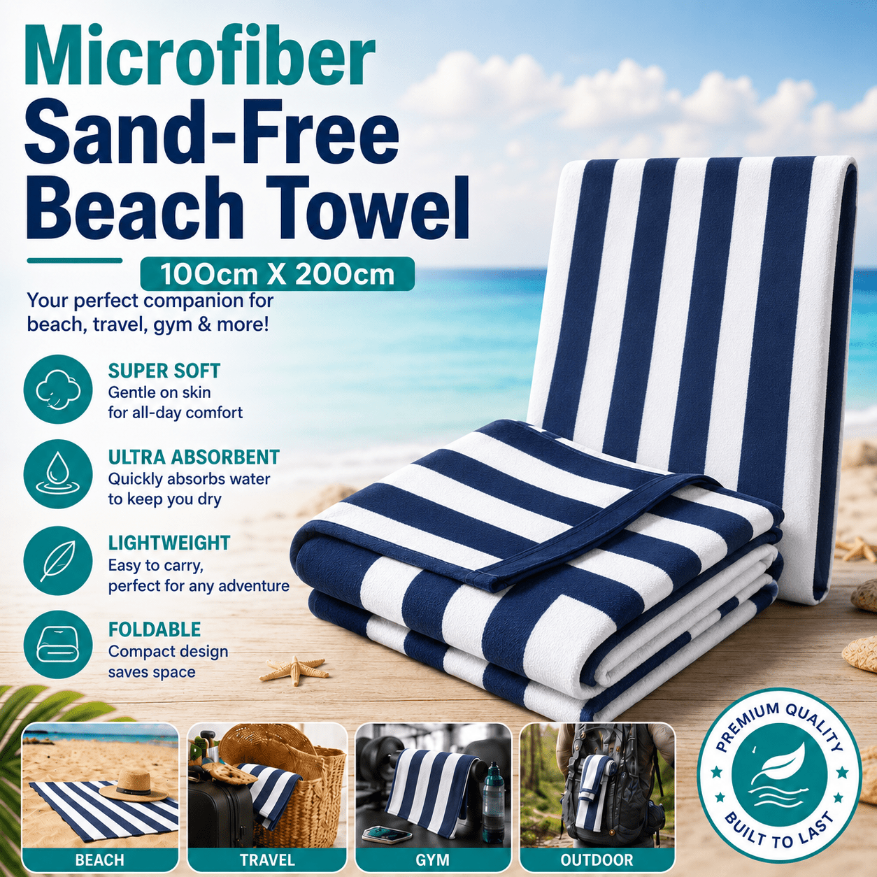 TEMU 100x200cm Oversized Microfiber Beach Towel | Sand-free, Quick-dry, Ultra Soft & Lightweight Cabana Towel | Absorbent, Foldable & Durable | Ideal