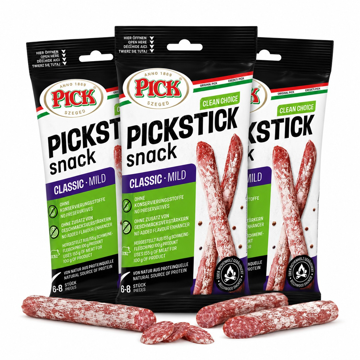 Pickstick Snack Classic Mild 3-pack – Hungarian Salami Snack, Mildly Seasoned, 3 Packs