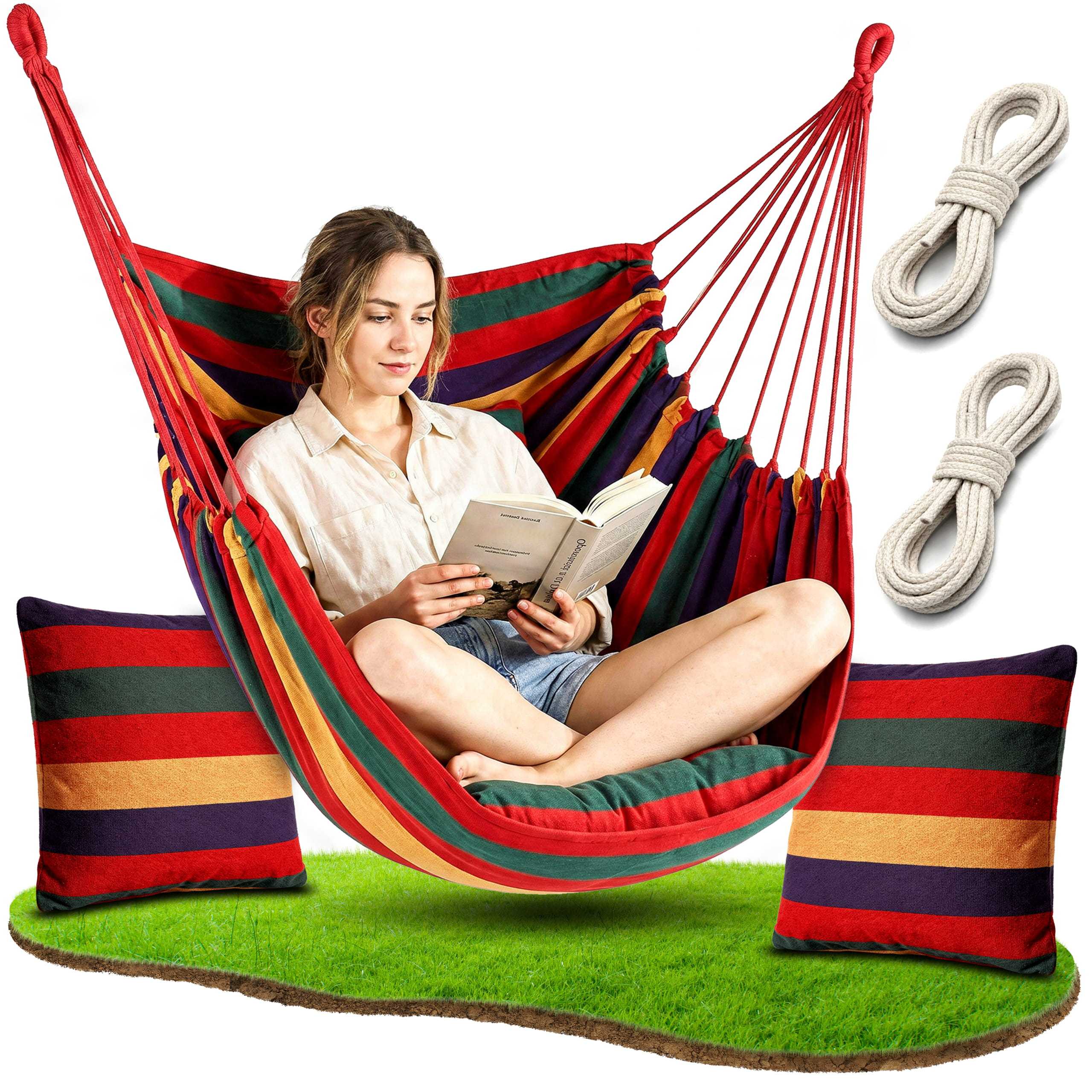 TEMU Chaise hamac balançoire suspension brésilienne 100x100cm. Chaise cocon bohème beige pour pièce et jardin avec coussins. Grande balançoire de
