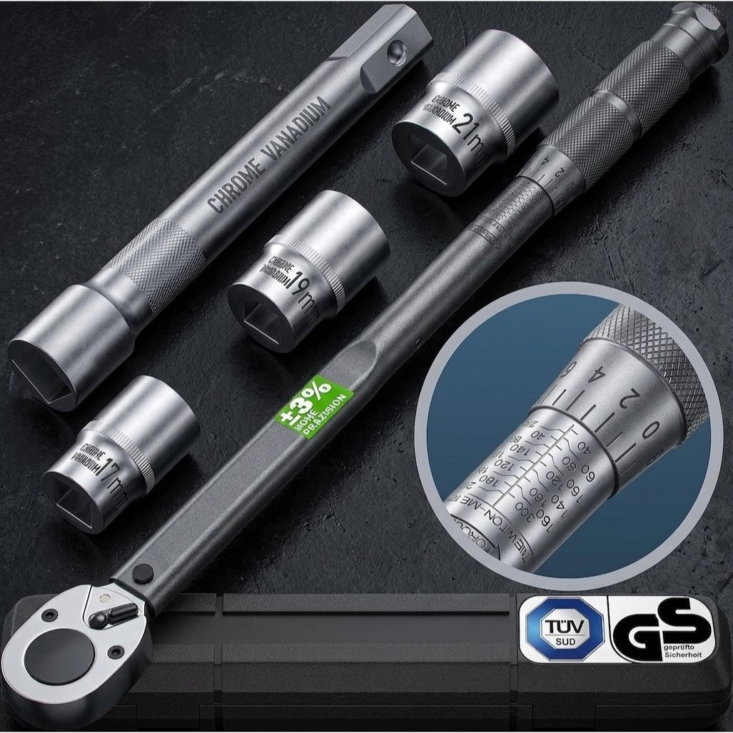 Image of Torque Wrench 6-piece Set 40-210nm Tüv Süd /2" Inch Crv +/- 3% Tolerance Reversible Ratchet Head Including 3 Sockets 17, 19, 21mm Extension With Case For Car And Motorcycle