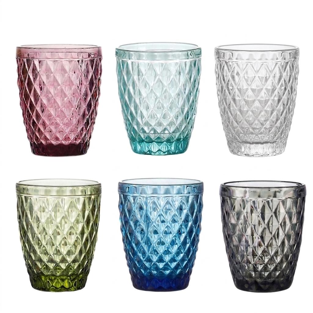 TEMU Set de 6 Vasos de Cristal 250ml | Diseño de Diamante Elegante | para Lavavajillas | Vidrio Sin Plomo para Agua y Refrescos