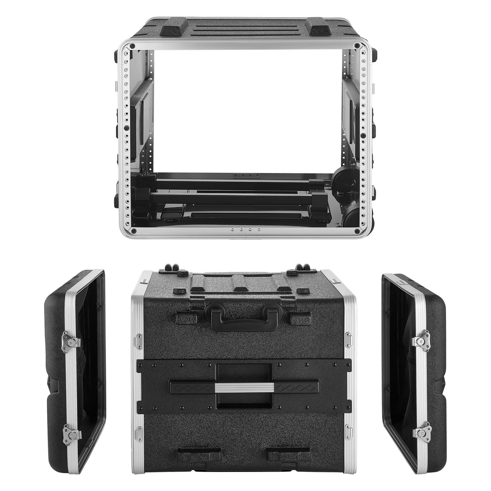 Vevor 8u Rack Case, Standard 19 , Rolling Server Cabinet With Wheels, Abs Construction, Retractable Handle, Latches, For Amplifier (7u Rack Space + 1u Wheel Space), 18.4 In Internal Depth