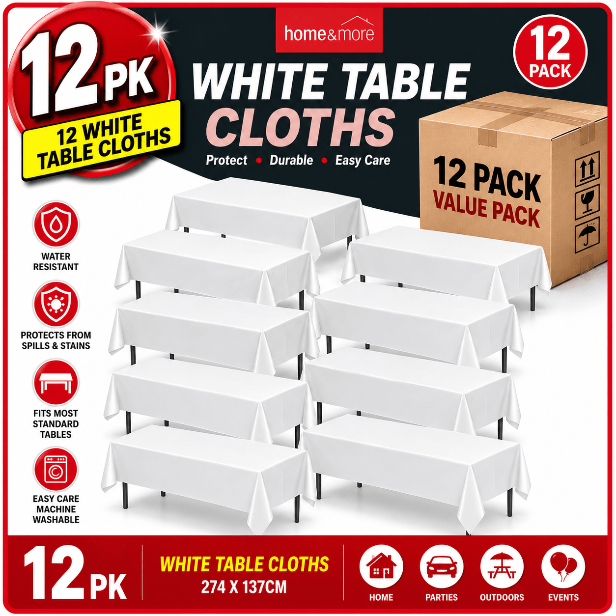 TEMU Sol 12 Pack Long White Table Cloths Party 274x137cm | Heavy Duty Plastic Disposable Table Covers | Spill-proof Tablecloths For Weddings,