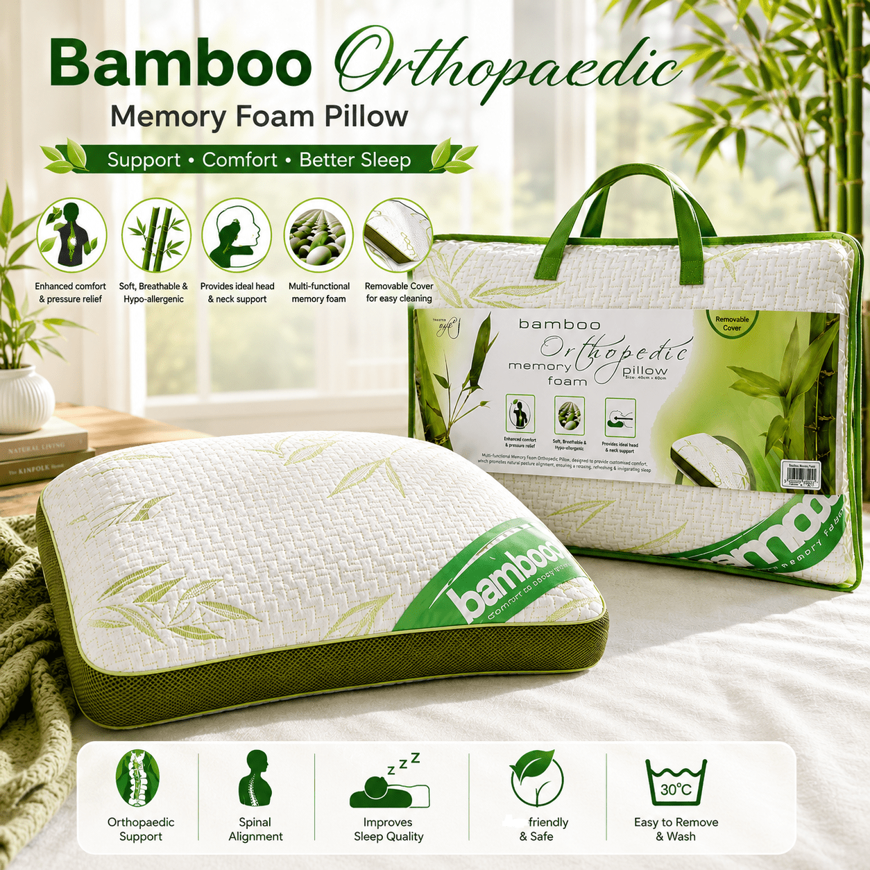 TEMU Bamboo Orthopaedic Memory Foam Pillow With Breathable Bamboo Cover, Ergonomic Neck & Back Support, Pressure Relief Design, Removable Washable