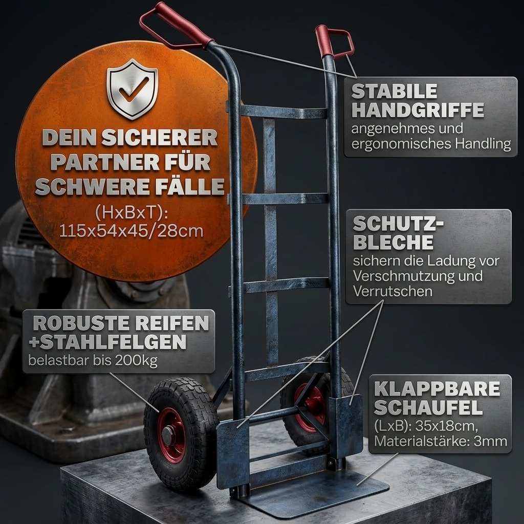 Foldable Hand Truck With Air Tires, 200kg Capacity, Steel Construction, Transport Cart With Handles, Stackable Hand Truck, Blue