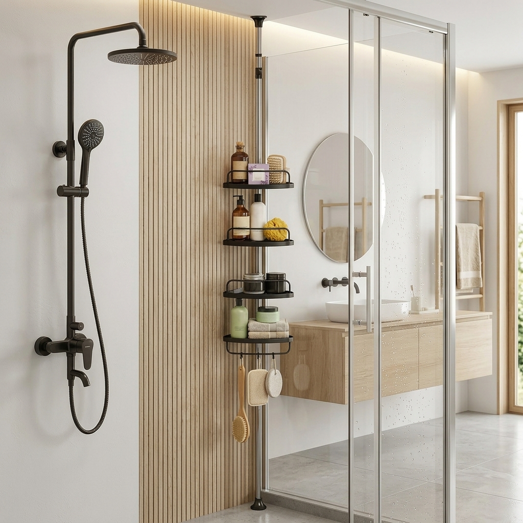 Adjustable Height Shower Shelf, Corner Shelf For Bathroom, Towel Holder, Bathroom Shelf, Overall Height 95-300 Cm, Adjustable, Floor To Ceiling, Stainless Steel