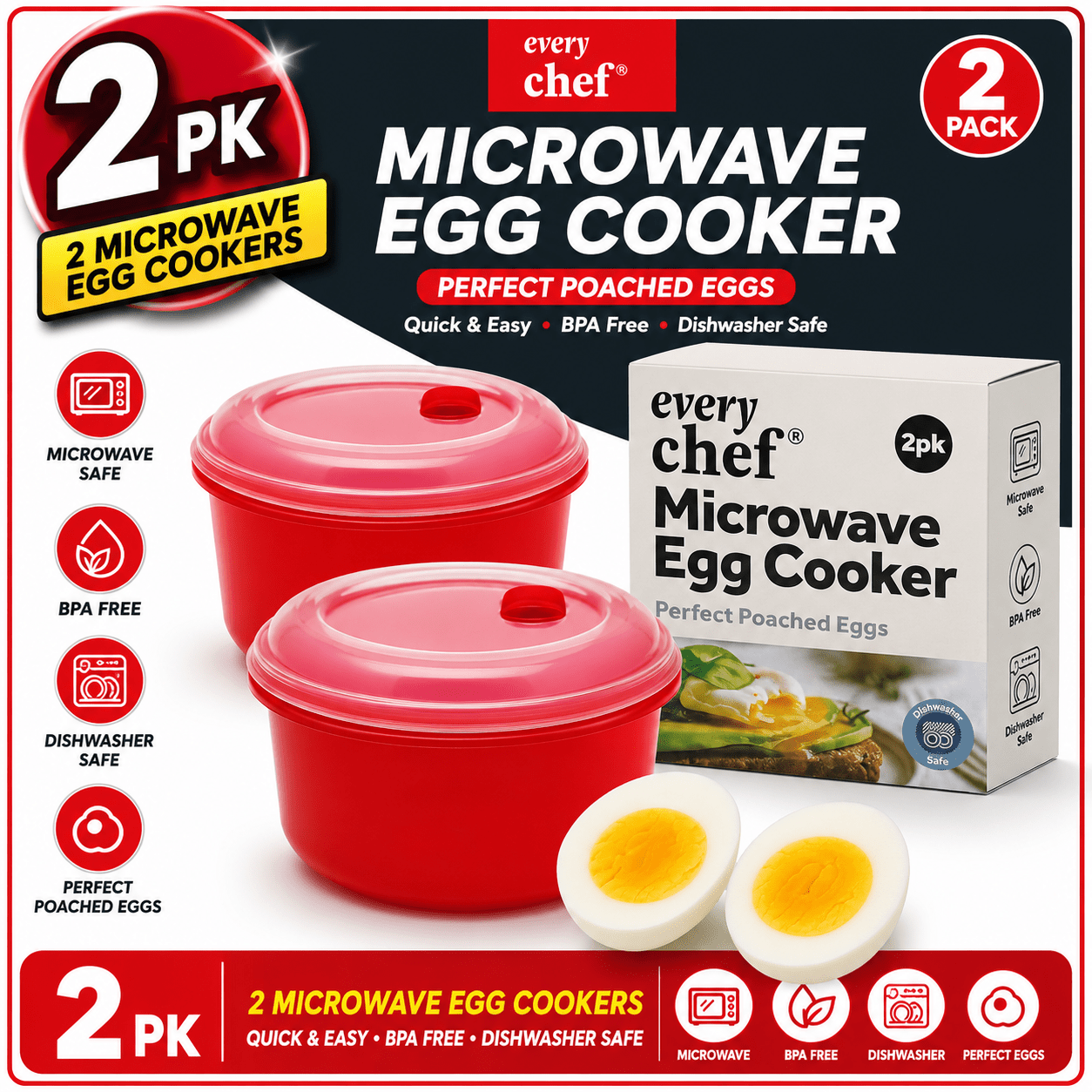 TEMU 2 Pack Microwave Egg Cooker | Maker For Poached, & Boiled Eggs | Durable, Heat Resistant Plastic Egg Poacher Bowls | Dishwasher Safe Breakfast