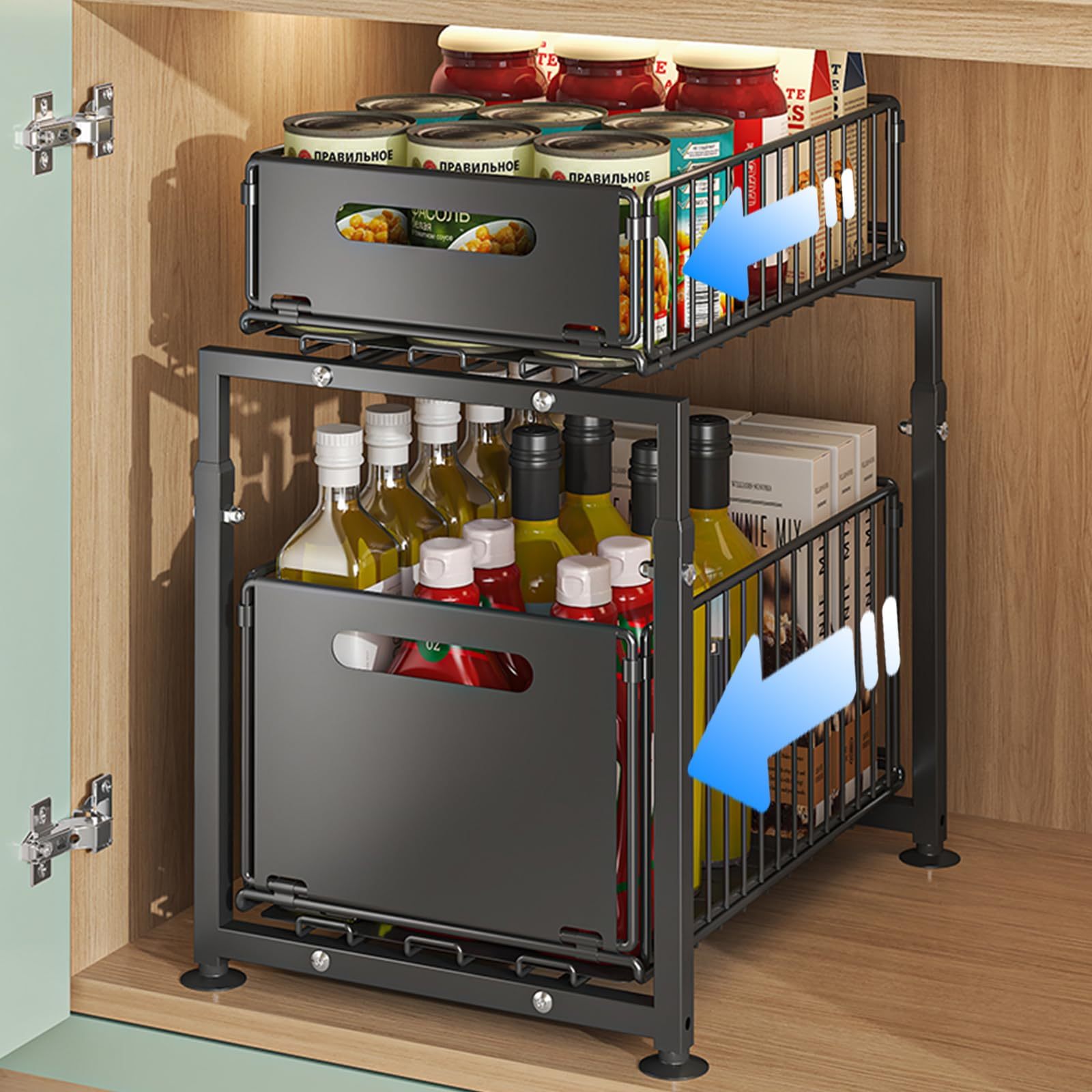 Under Sink Organizer, 2-tier Multi-use Organizers And Storage, Pull-out Storage Organizers Metal Under The Sink Organizer For , Black