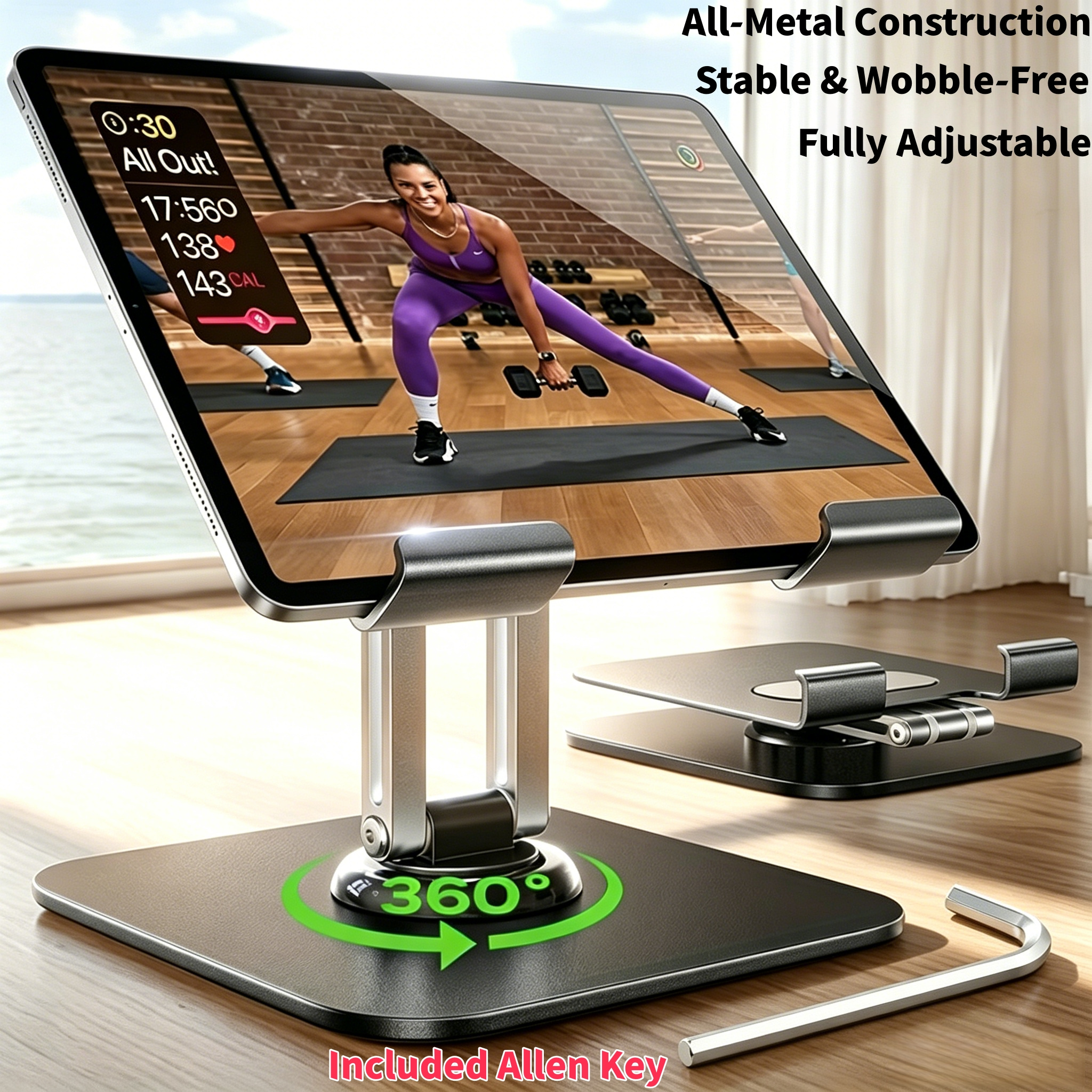 TEMU 2pcs Set (1x Heavy-duty Adjustable Tablet Stand & 1x Allen Key) - 360° Rotating Base, Foldable Design, Construction, Ergonomic Desk Holder For