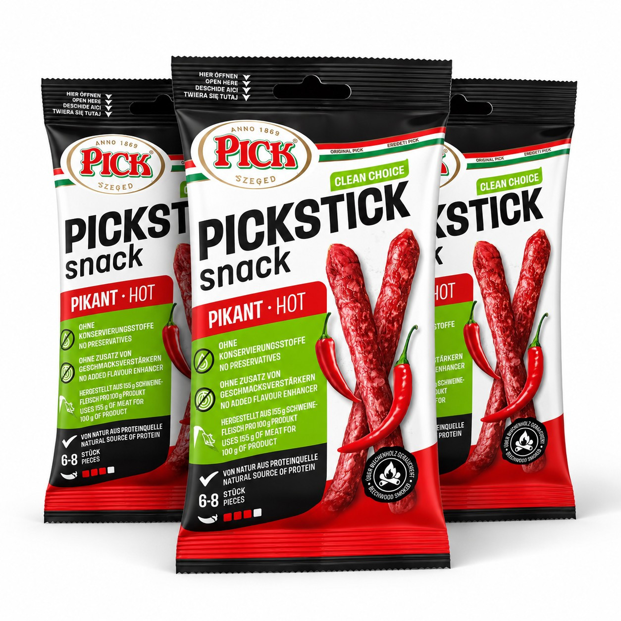 Pickstick Snack Hot 3-pack – Spicy Hungarian Salami Snack, 3 Packages