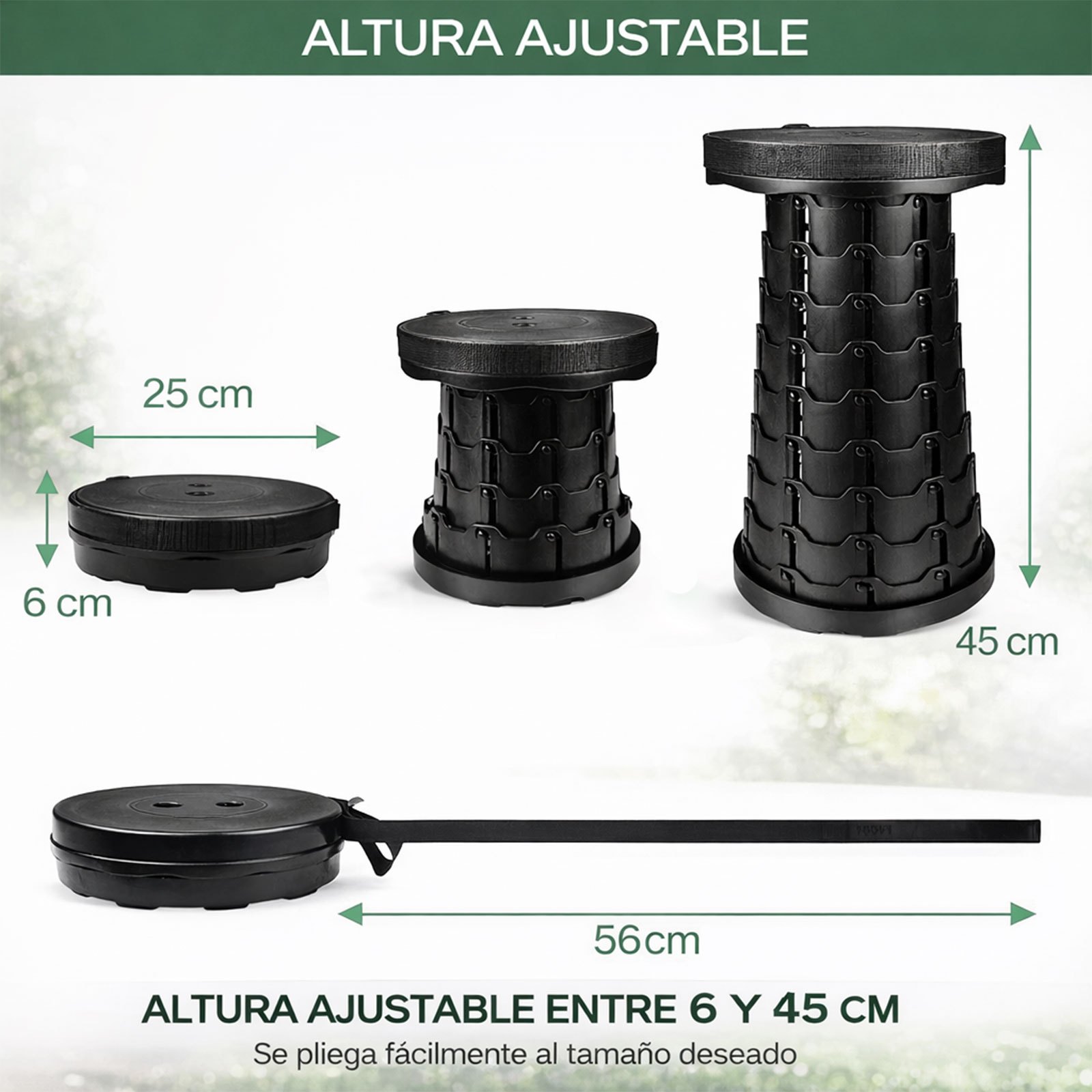 TEMU Taburete plegable telescópico negro, altura ajustable, y portátil con correa, resistente, para camping, pesca, viajes y uso diario.