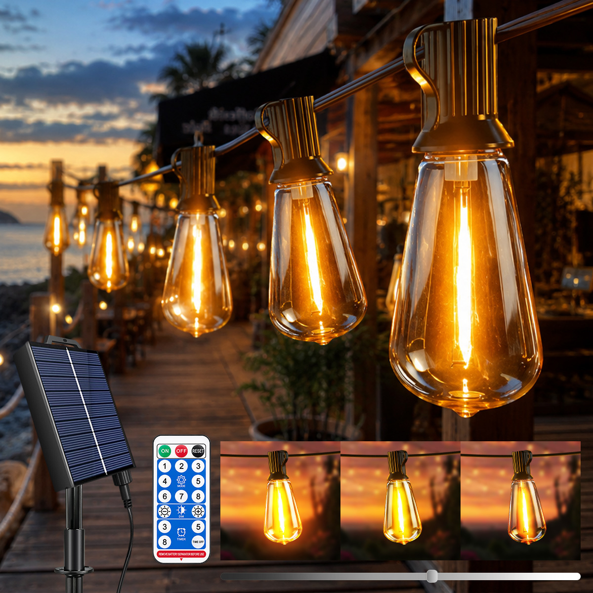 17.25m/15m/7m Solar String Lights Outdoor Ip65 With Remote, 8 , Shatterproof Led Dimmable St38 Bulbs & Timer Function For Wedding, Party, Balcony