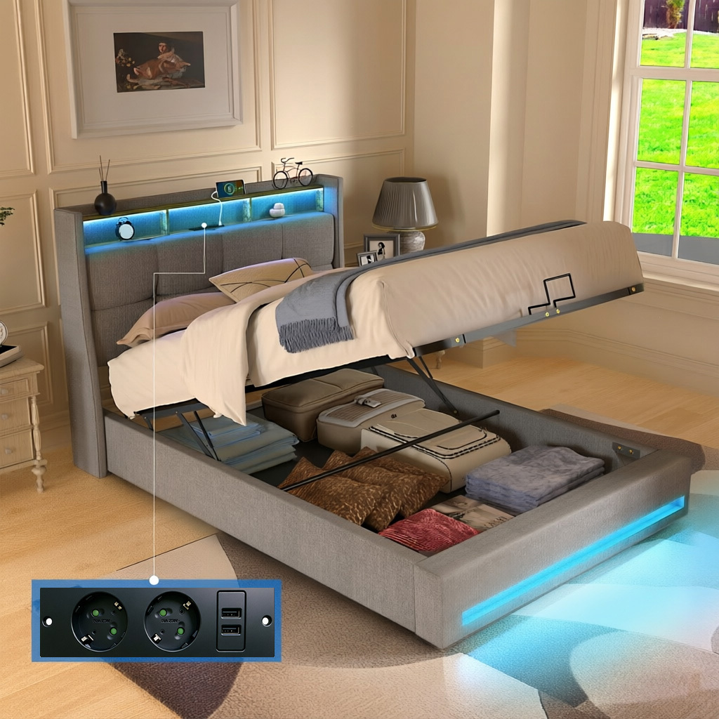 TEMU de para cama tapizada 140X200 Cm con almacenamiento, estructura de cama con función de carga, iluminación LED, estructura de cama hidráulica con