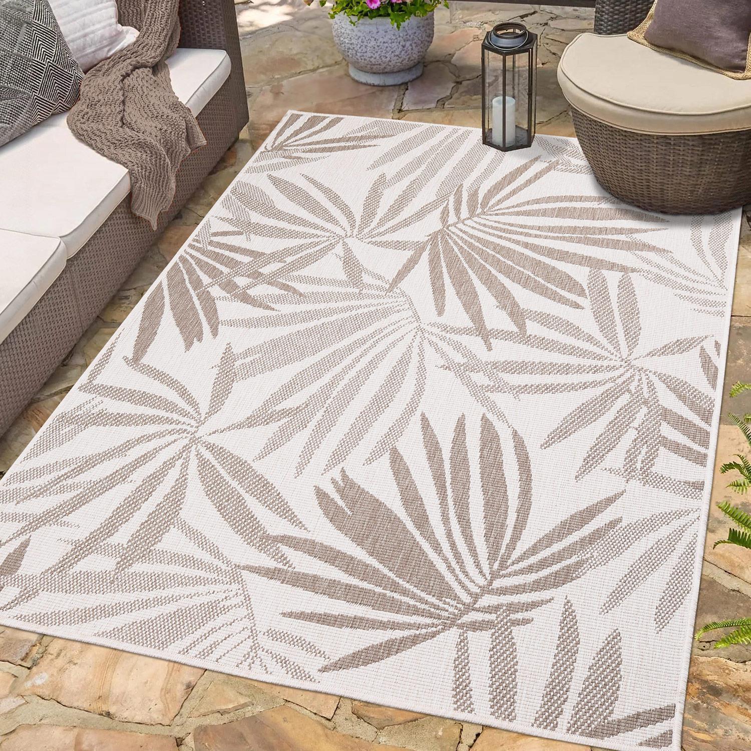 Outdoor Rug Weatherproof Reversible - Balcony Rug Beige Cream Floral Pattern - Weather-resistant Terrace, Garden Rugs