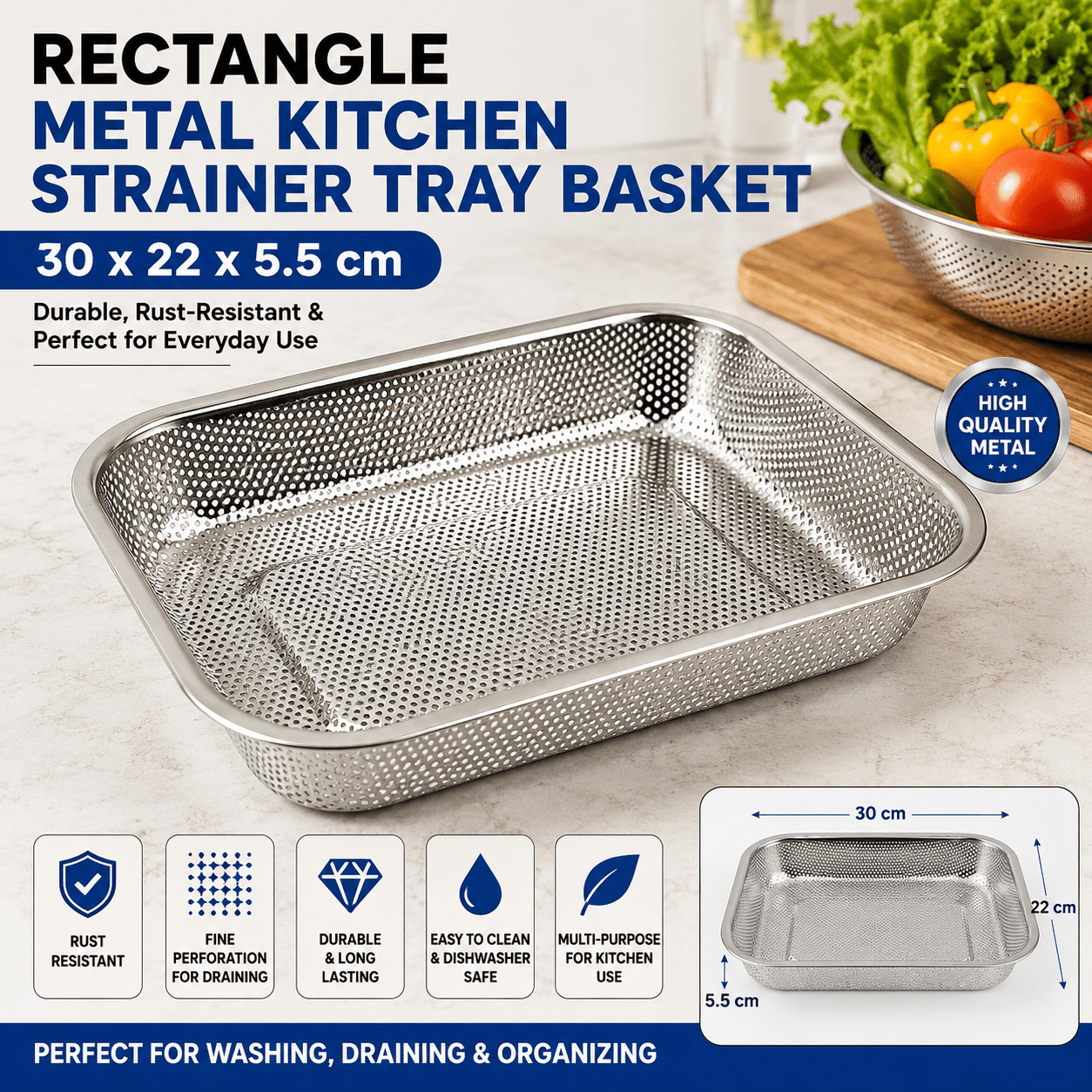 TEMU Rectangle Metal Kitchen Strainer Tray Basket 30 X 22 X 5.5 Cm Stainless Steel Draining Basket For Washing Vegetables Fruits Food Preparation