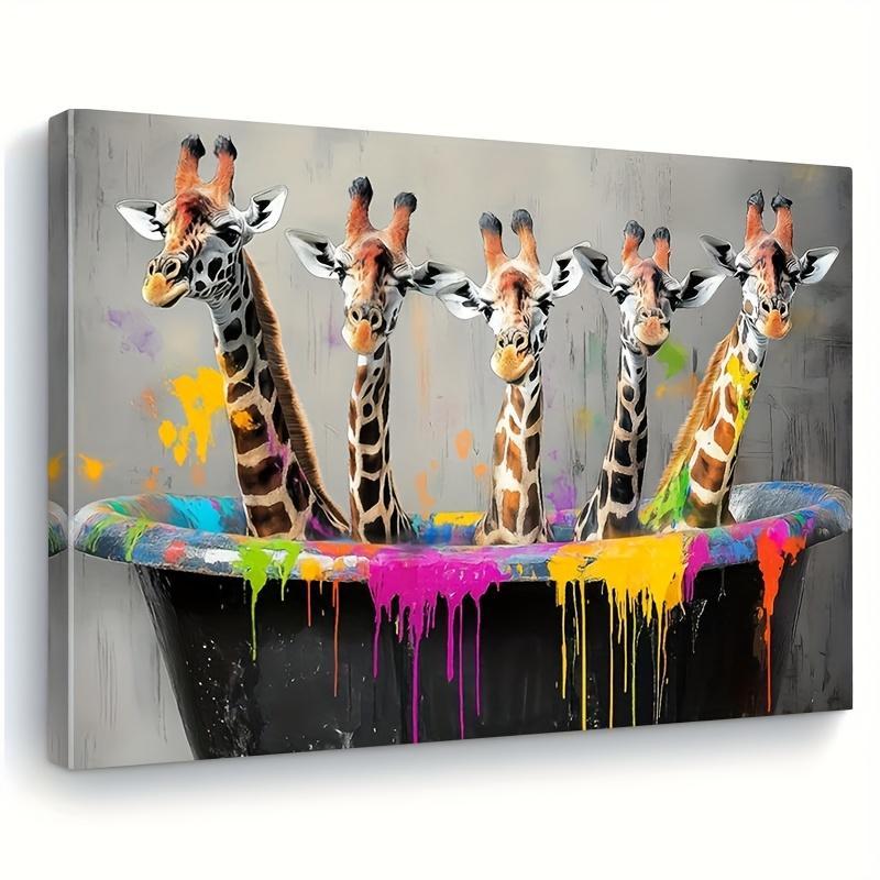 TEMU 1pcs 2d Flat, Fun Animal Wall Painting Giraffe Bathroom Wall Decoration Colorful Graffiti Bathroom Painting Cute Wild Bathtub Canvas Painting