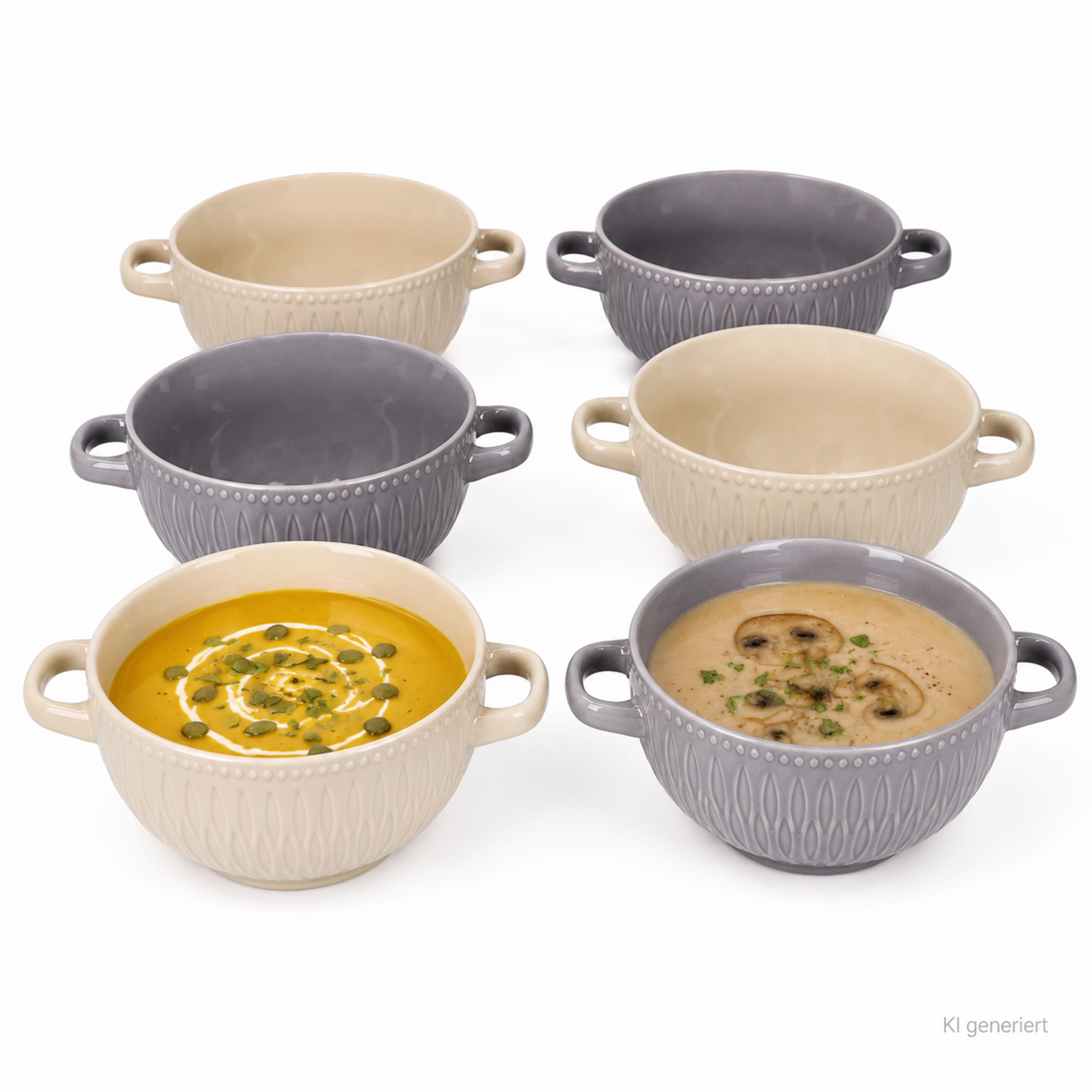Image of 6x Soup Bowls With Handles 650ml Vanilla Grey Ceramic Ramen Bowl 1 Pot