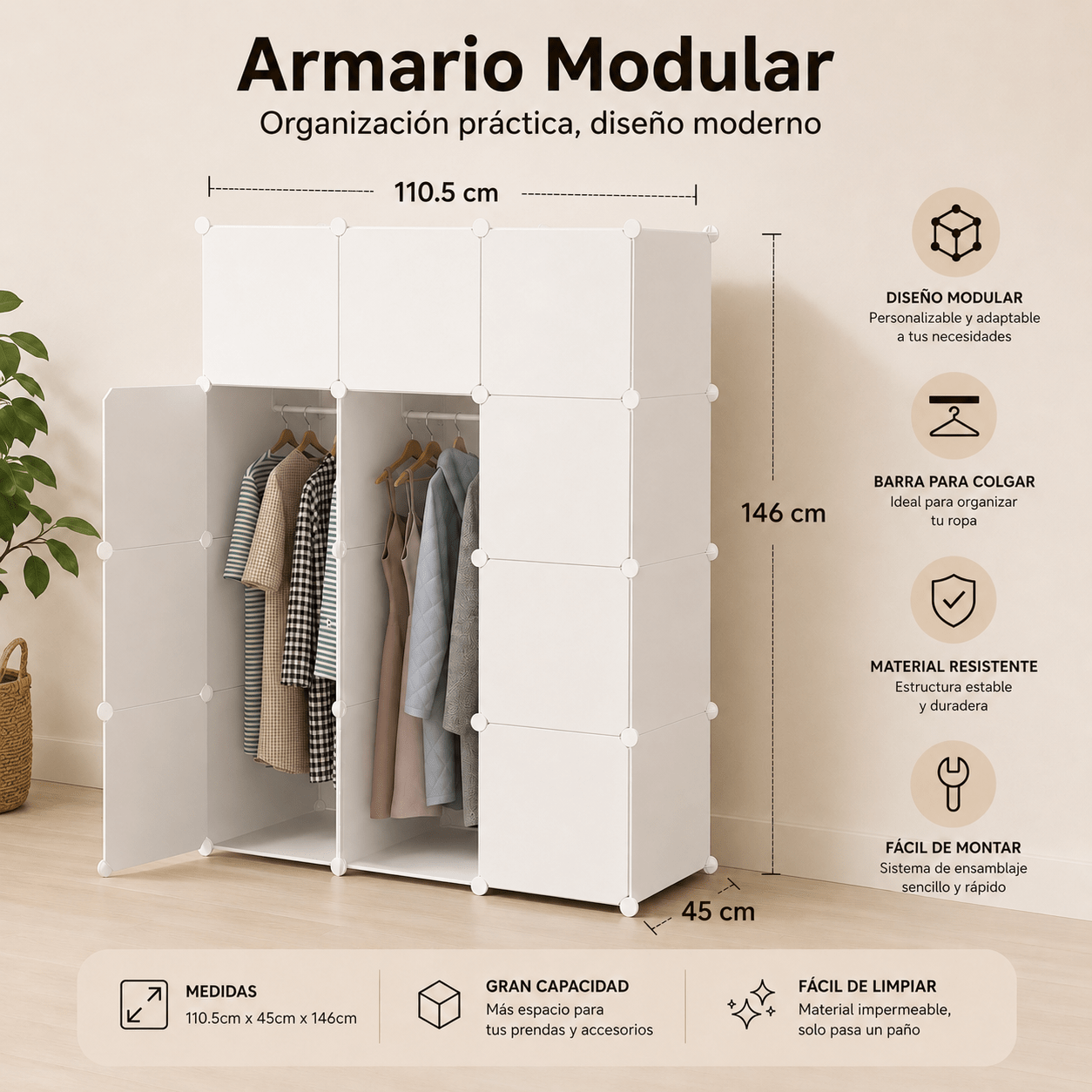 TEMU Armario Modular de 12 Paneles con Barra para Colgar, Organizador de Ropa Desmontable, Closet Multifuncional de Plástico Resistente 110.5×45×146