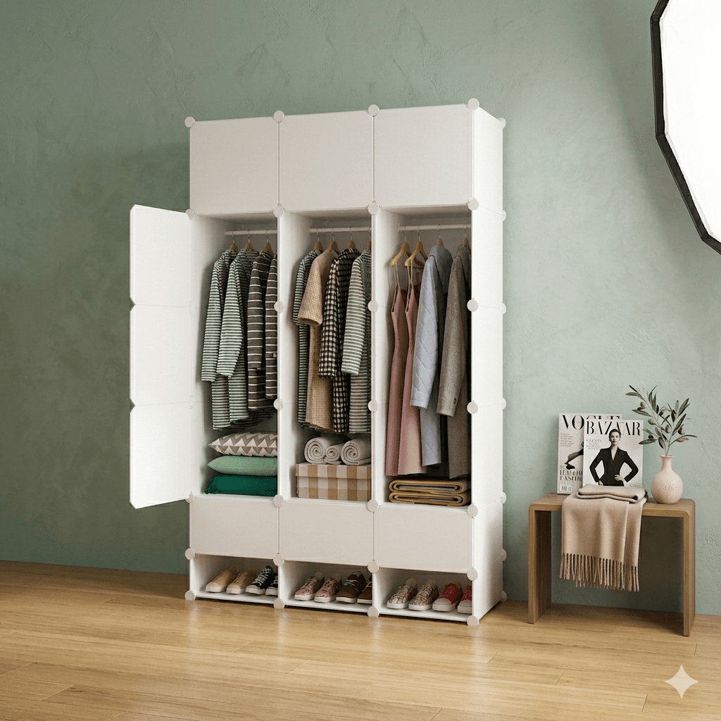 TEMU Armario Modular de 15 Paneles con Barra para Colgar y Zapatero, Closet Organizador de Ropa de Gran Capacidad, Armario Desmontable de Plástico