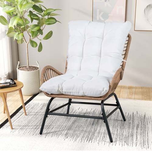 büyük boy dış mekan hasır sandalye, yastıklı ve sağlam metal çerçeveli, eğimli sırt desteği & kavisli kolçaklı pe rattan yemek koltuğu, veranda, balkon, oturma odası, arka bahçe için