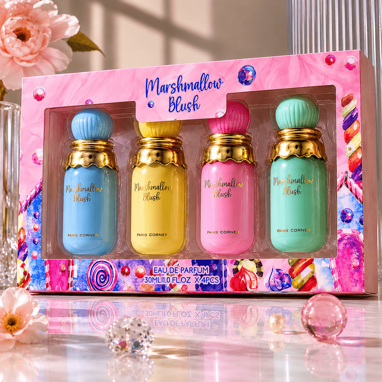 Image of Paris Corner Marshmallow Blush Coffret Eau De Parfum For Women 30ml X4, Set Of Gourmet And Sweet Perfumes, Gift Idea For Women