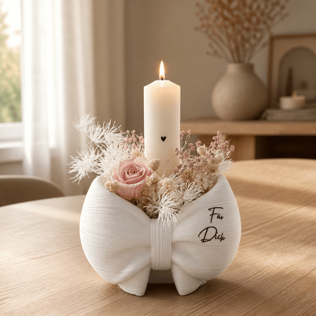 Image of Handmade Candle Set Design - Cast Decorative Vessel With Dried Flowers & Stump Candle "for You" - Minimalist Boho & Japandi Home Decor, Gift Idea