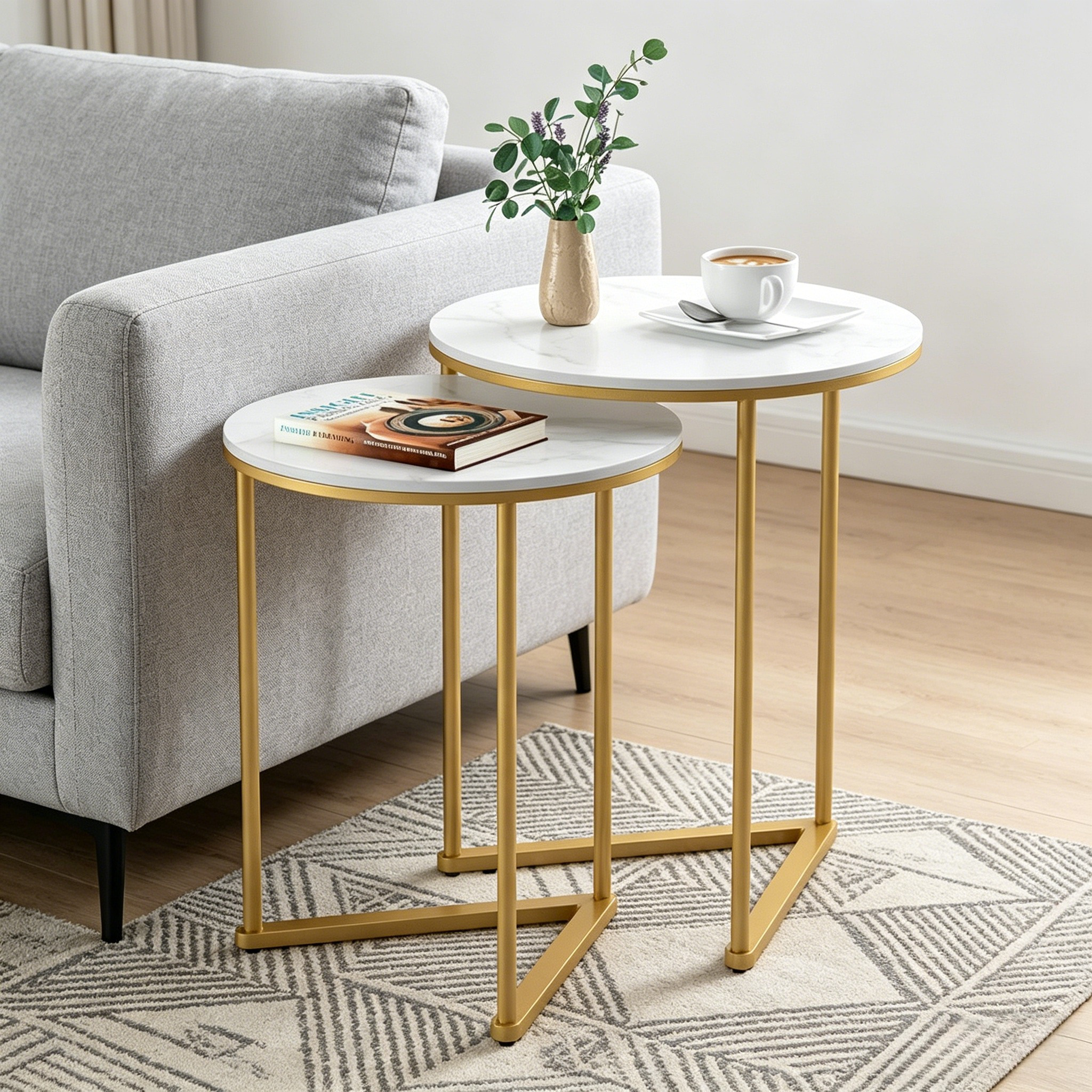 Set Of 2 Modern Nesting Side Tables With Metal Frame & Sintered Stone Top - Round Space- Accent Coffee Tables Suitable For Living Room, Office, Bedside -