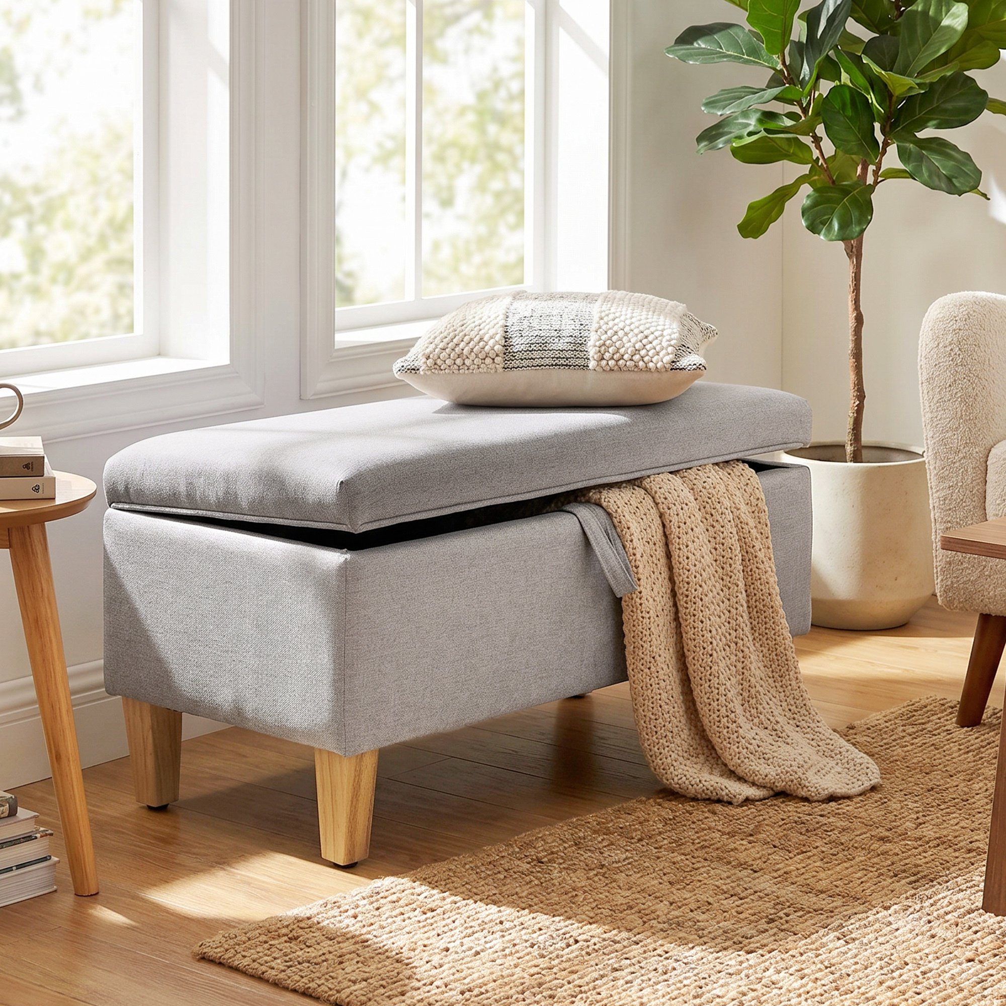 Storage Bench With Upholstery, 71x37x36 Cm Bench With Hinged Lid, Linen Look, Padded Bench With Wooden Legs For Living Room, Bedroom, Hallway, Light Grey