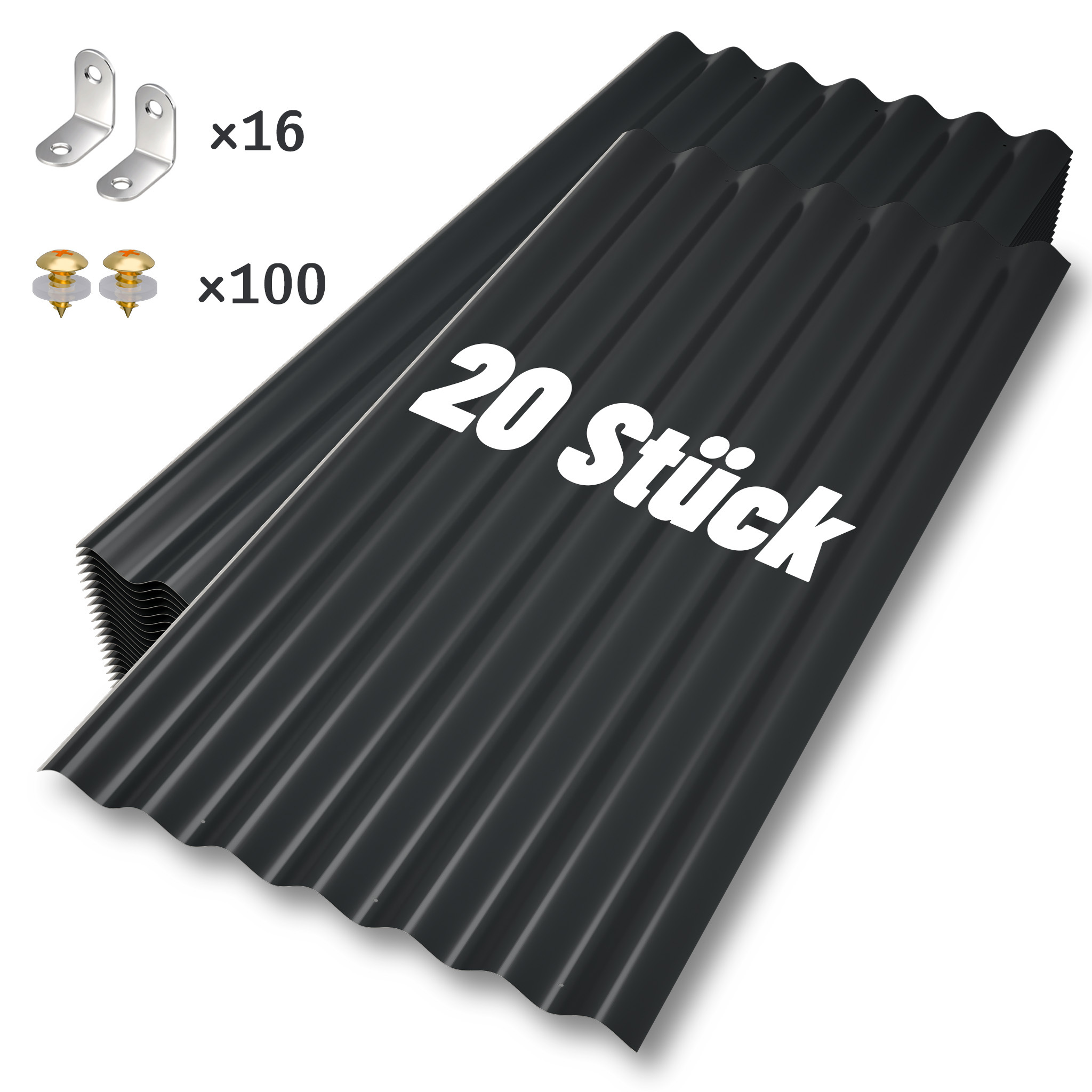 TEMU 20 Stück Set Schwer verzinkte Stahlbleche – Wellblech aus Metall Wellblechplatten mit 100 Schrauben und Unterlegscheiben – Wellendachplatten für