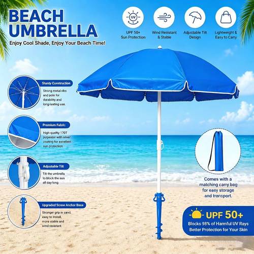 1 unit 160 cm 180 cm 200 cm 220 cm foldable beach umbrella for sand and storage bag uv protection upf 50 wind resistant design flexible rods ventilated top adjustable tilt and height detachable and foldable lightweight metal pole easy to transport ideal for outdoor camping beach seaside vacations outdoor leisure activities and pool parties