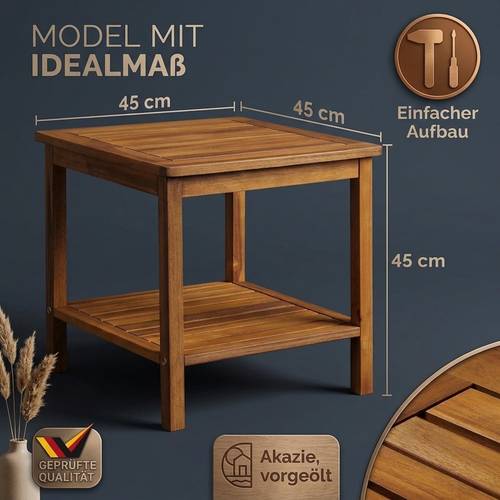 tavolino da giardino in legno con 2 ripiani portaoggetti, capacità di carico 80kg, tavolino da balcone da giardino 45x45cm, mobili da giardino acacia