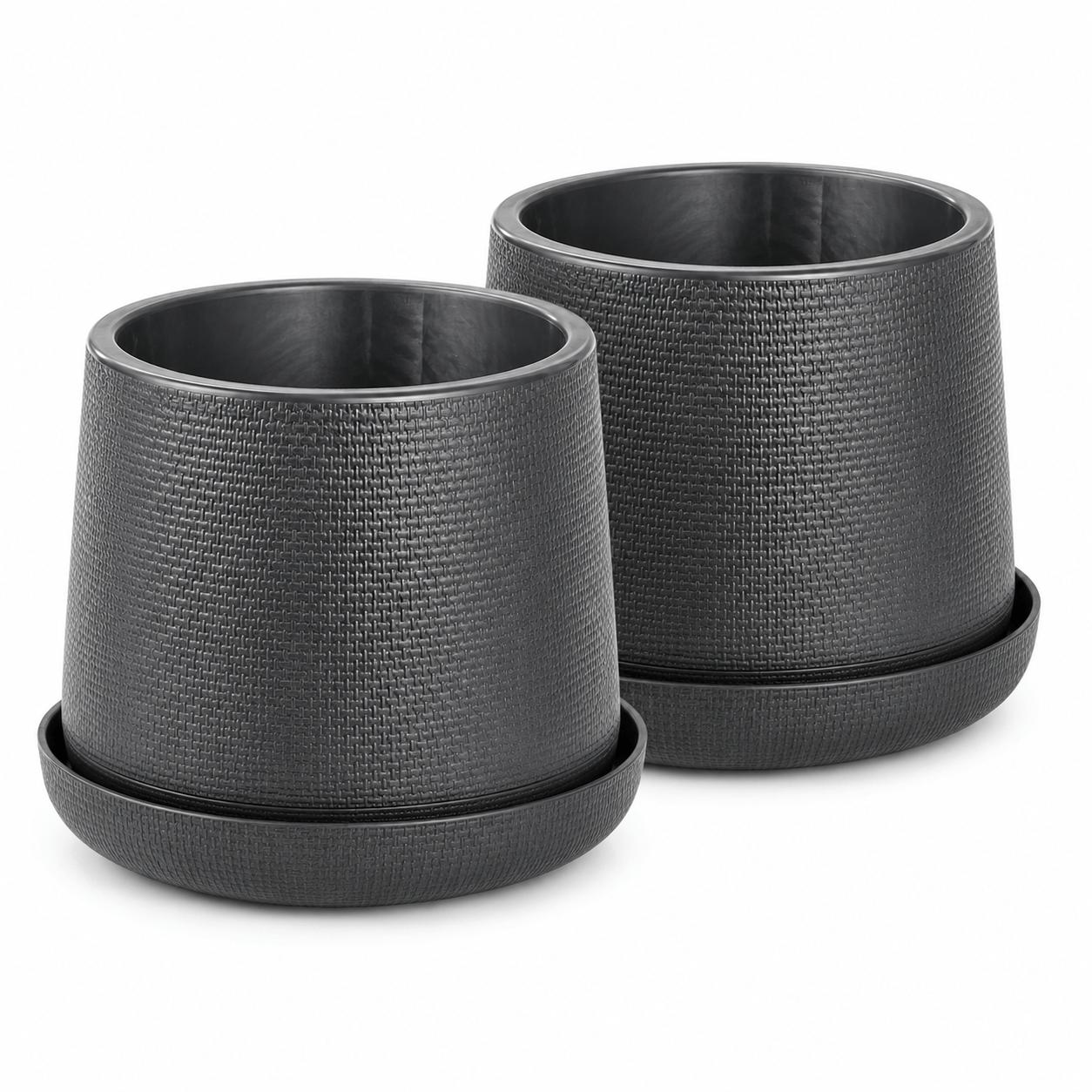 TEMU Black Rattan Effect Plant Pot With Tray, 28cm Indoor & Outdoor Planter, Decorative Textured Flower Pot, Lightweight Plastic Plant Container For